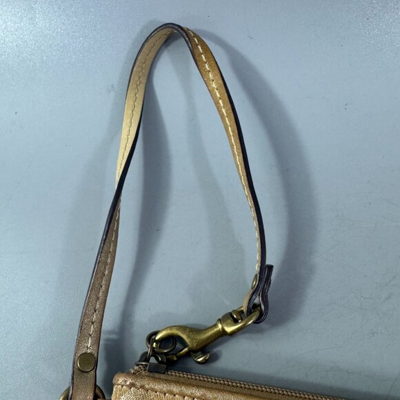 Coach Gold Tan Wristlet Clutch Signature Logo W/ Studs Canva Leather Purse - Picture 4 of 13
